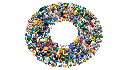 Building blocks forming letter o, colorful toy pieces arranging in a circle shape, creativity, play, construction, growth, learning, transparent background