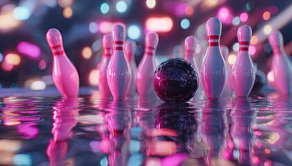 Neon lights illuminate a bowling ball and pins in reflective water