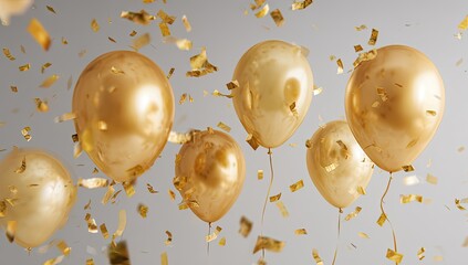 Gleaming gold balloons and shimmering confetti float against a soft grey background