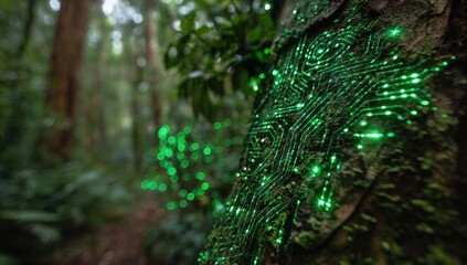 Bioluminescent circuit patterns glow on tree bark in a lush, misty forest