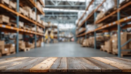 Empty wooden table in front of blurred rows of storage shelves filled with boxes