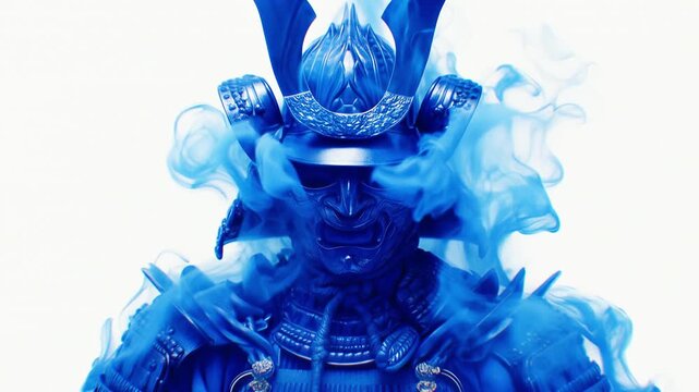 Blue ink in water forms a mysterious samurai warrior in armor isolated on a white background