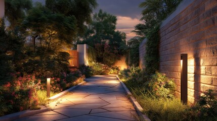 Fototapeta premium A pathway is surrounded by greenery and flowers with soft lights illuminating the edges. The setting is dusk with a clear sky inviting people to take evening strolls.