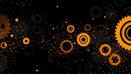 Abstract digital art with glowing orange gears and particles on black