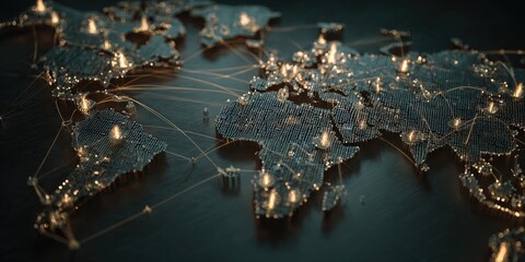 Digital world map with illuminated cities and network connections