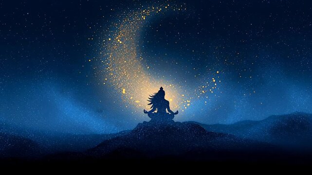 Lord Shivas Silhouette Meditating Under a Starry Cosmic Sky