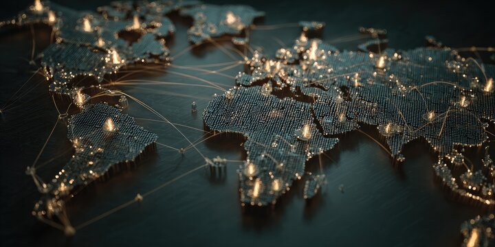 Digital world map with illuminated cities and network connections
