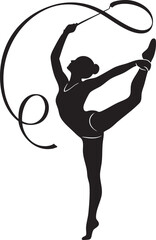 Rhythmic gymnast silhouette, female athlete, ribbon routine, artistic leap, split jump, swirling ribbon, dynamic pose, black vector graphic, white background, minimalist design, elegant sports illustr