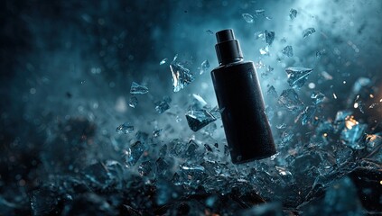 Dark bottle suspended amidst shattering glass and glowing embers, dynamic explosion