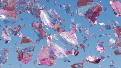 Iridescent shards float against a vibrant blue sky, shimmering with pink hues