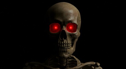 Sinister Skeleton with Glowing Red Eyes in Dark Space