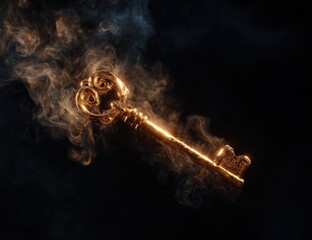 Ornate golden key emerging from wisps of smoke and light