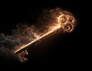 Ornate antique key glows with golden light amidst swirling ethereal smoke