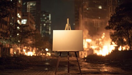 Blank canvas on easel in front of burning city buildings at night