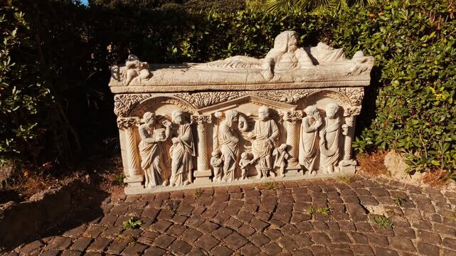 Roman marble sarcophagus at Ostia Antica, the old port of Rome, Lazio, Italy, dating back to the 7th century BC