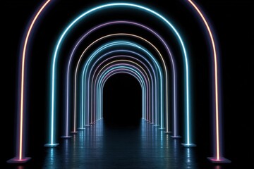 A dark tunnel lined with glowing arches of blue and pink neon lights