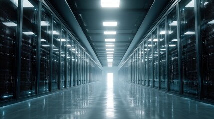 A data center shows long rows of server racks on both sides with bright overhead lights. An exit can be seen in the distance at the end of the corridor.