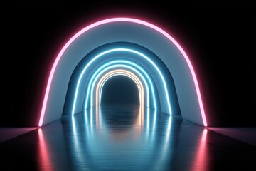 Glowing neon arches create a futuristic tunnel with vibrant, reflective light