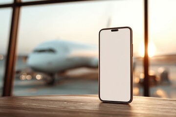 Smartphone rests on a table near an airport window with a blurred airplane outside