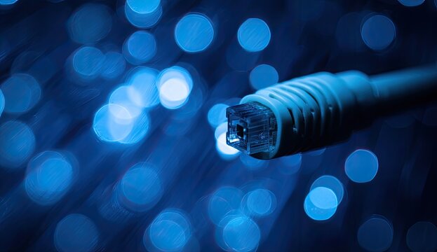 Close-up of a network cable connector against a blurred blue background with bokeh