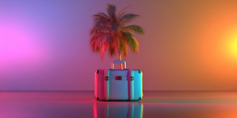 Suitcase with palm tree under neon lights, digital art
