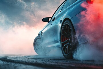 Dynamic low angle of a car performing a burnout, kicking up smoke and embers