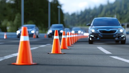 A row of orange traffic cones guides cars on a road during daytime