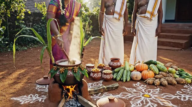 Traditional South Indian Harvest Festival Celebration Woman Cooking Pongal with Family Fresh Produce Cultural Decor Outdoors