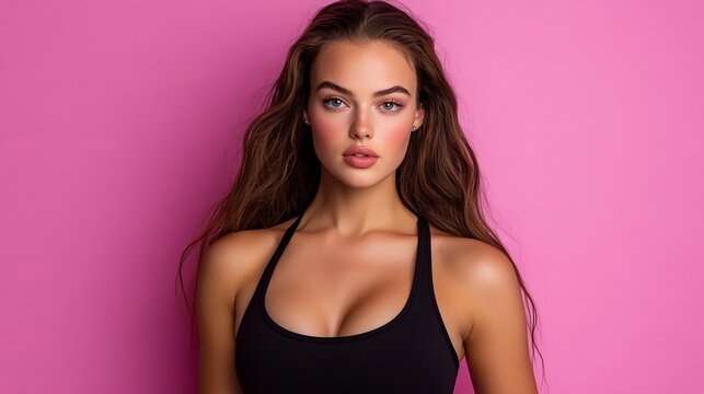 Beautiful woman poses in a black top against a vibrant pink background with soft lighting and flowing hair. - Powered by Adobe