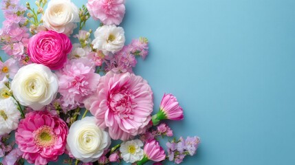 Soft pink and white flowers are arranged on a blue background. Various flowers like ranunculus carnations and cherry blossoms create a cheerful scene showcasing spring's arrival.