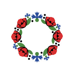 Floral wreath design with poppies and cornflowers a decorative circular pattern for invitations cards and graphic projects nature themed illustration.
