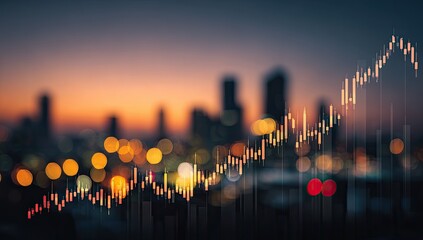 A city skyline at dusk with a glowing financial chart overlay