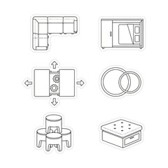 furniture arrangement creating interior design plan featuring sectional sofa bed rings ottoman and stools perfect for home decor and space optimization.