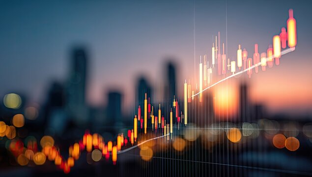 Upward stock market graph superimposed on a blurred cityscape at dusk - Powered by Adobe