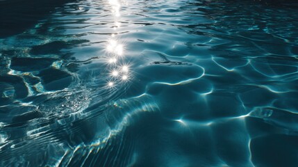 Sunlight creates bright highlights on the surface of the water in a swimming pool. The water ripples gently under the sun creating a lively scene.