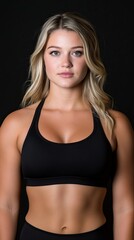 Fototapeta premium Blonde woman poses wearing black sports bra against a solid dark background looking directly at the viewer.