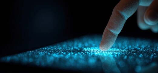 Finger touches a glowing blue digital interface, technology concept