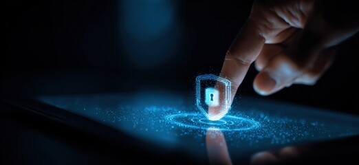 Digital shield and lock icon activated by a fingertip on a dark background