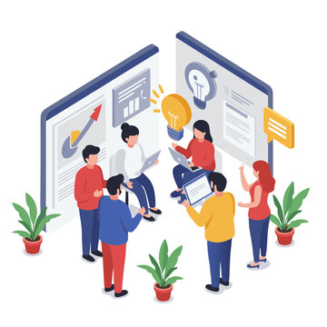 Diverse group of people collaborating on a business project presenting data charts and ideas in a modern isometric vector illustration with plants and bright lighting
