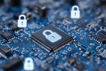 Digital circuit board with glowing padlock icons symbolizing data security