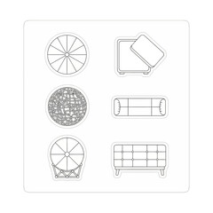 furniture outline sticker sheet featuring lounge chair ottoman and coffee table perfect for interior design mockups and minimalist home decor projects.