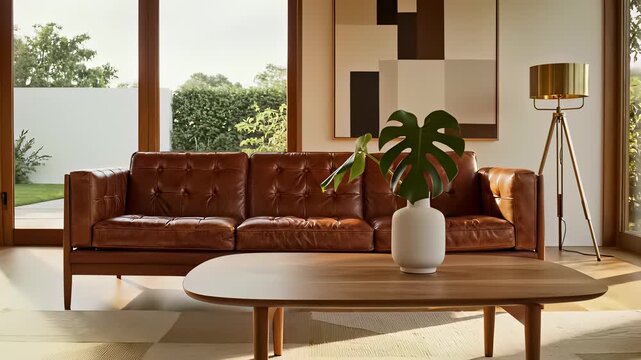 Modern Living Room Scene with Minimalist Touch Features Stylish Brown Leather Couch, Simple Table, and Elegant White Vase Perfectly Capturing Mid Century Modern Design Concept for Commercial Use.