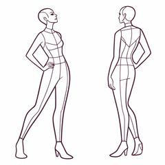 Female body mannequin. Template for fashion sketch ideas of women's clothing. Fashion design. Luxury outline vector illustration set