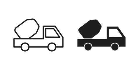 Cement truck icons for web design set in black stroke and solid style. EPS10