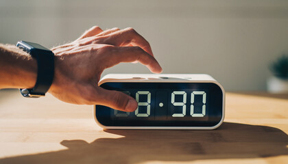 A hand reaching to turn off a digital alarm clock displaying 8:90.