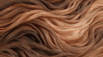 Fototapeta premium The image shows strands of hair in various shades of brown and blonde arranged in smooth flowing patterns. Light shines on the hair highlighting the textures and colors.