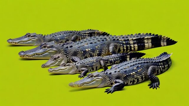 A group of five alligators resting on a yellow surface in a line formation in a close up view crocodile green screen video