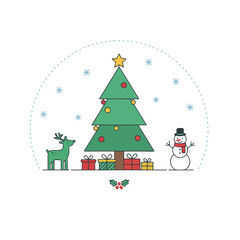 Festive winter scene with a decorated Christmas tree, friendly snowman, and a gentle deer surrounded by gifts and falling snowflakes, embodying holiday cheer