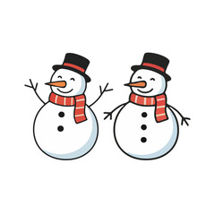Cheerful cartoon snowmen illustration set, featuring festive top hats and striped scarves, perfect for winter holiday designs