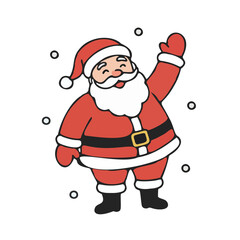 Jolly cartoon Santa Claus waving a friendly hello amidst falling snowflakes, capturing the festive spirit of the holiday season